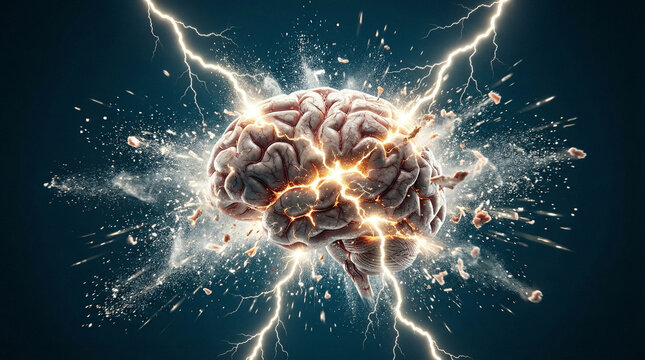 Human Brain Exploding with Lightning Energy Sparks on Dark Background