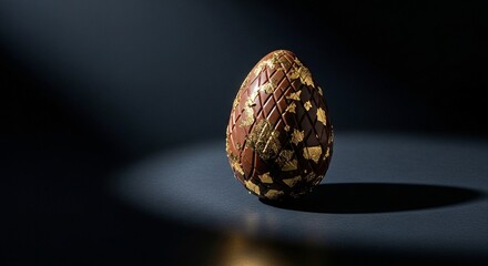 A luxurious chocolate Easter egg with gold leaf decorations on a dark background