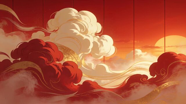 Shifting deep-red cream cloud formation flowing across panel sunset, showing gold ribbons and mist