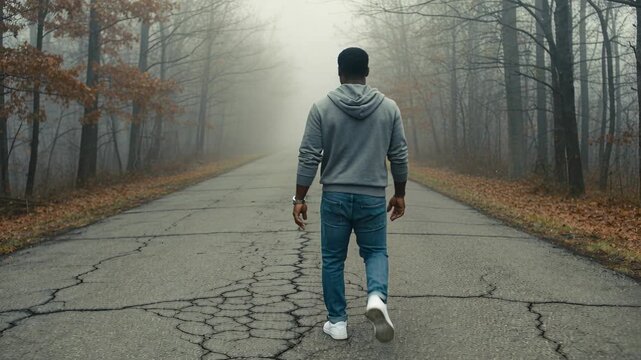 Walking man starting along cracked forest road into thickening fog, wearing gray hoodie