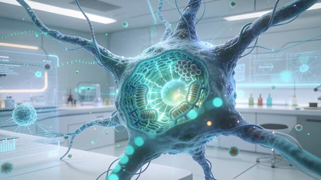 Rotating neuron responding to camera in lab, pulsing core and updating UI for study