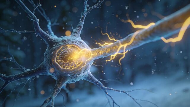 Originating at axon hillock neuron sending yellow impulse along axon in macro view, with vesicles