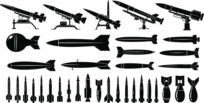 Missile and bomb silhouette lineup illustration, military ordnance artwork, defense technology design concept, black and white vector template set