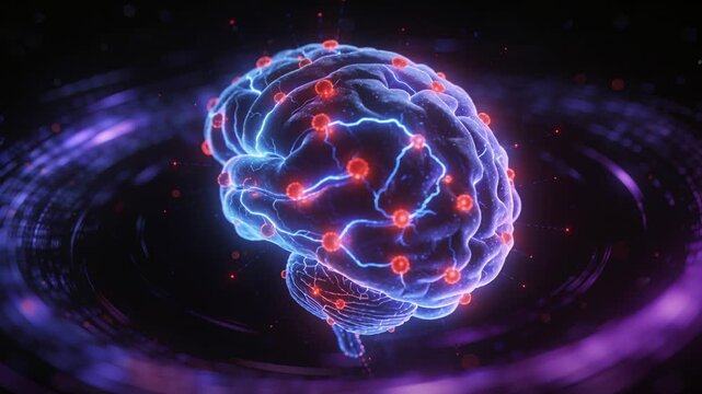 Rotating neon blue brain model rising over purple ring, pulsing red nodes signaling along filaments