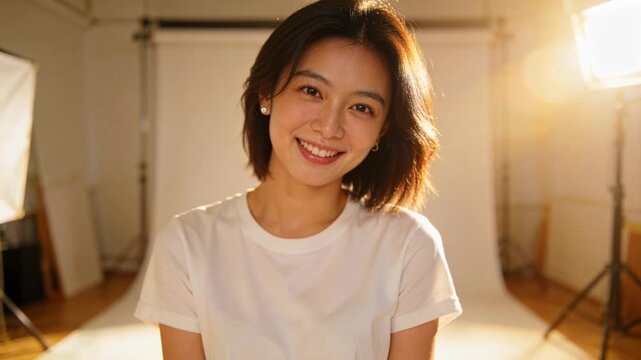 Smiling model tilting, widening smile and leaning on cue in studio, key light flare, white tee