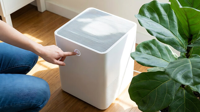 Person turning on white air purifier next to a green plant on wooden floor at home.