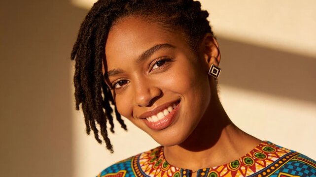 Smiling woman widening smile tilting squinting as sunlight warming wall, printed top square studs