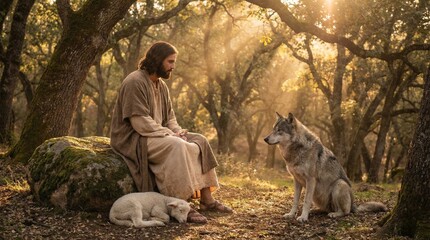 Obraz premium Man dressed as Jesus sitting on stone with wolf and lamb in forest. Biblical scene representing peace and harmony. Religious concept of savior with wild and domestic animal in nature.
