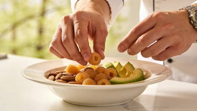Reaching chef's cuffed hands arranging almonds berries into white bowl on counter finalizing dish