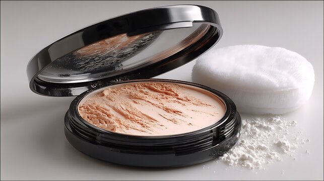 Opened cosmetic compact with pressed powder, a mirror, and a soft puff, alongside scattered loose powder, highlighting essentials for face makeup application