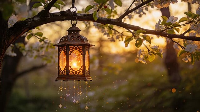 Panning camera centering ornate lantern hanging from branch glowing at sunset with drifting glitter