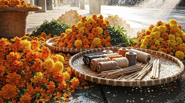 Traditional marigold flower arrangements and crafting materials meticulously displayed for a vibrant indian cultural festival or labour day event.