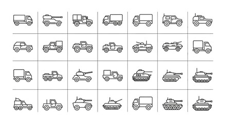 Pixel Art Military Vehicles Icons Set: Trucks, Tanks, Jeeps, and Army Cars © difka