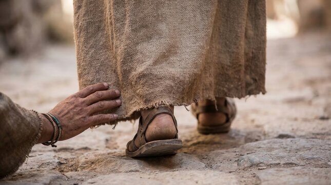 Hand of sick man reaching out to touch the hem of garment of Jesus. Biblical scene of faithful believer seeking healing. Christian faith, miracle and spiritual devotion concept.