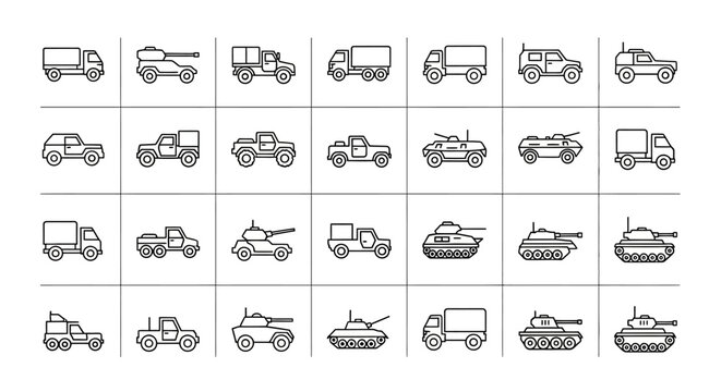 Pixel Art Military Vehicles Icons Set: Trucks, Tanks, Jeeps, and Army Cars