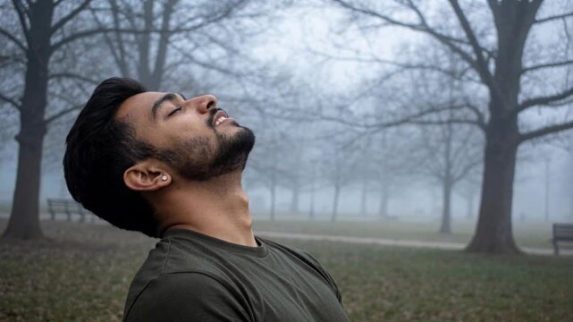 Breathing adult Indian man tilting head back, smiling in foggy park with benches, wearing olive tee
