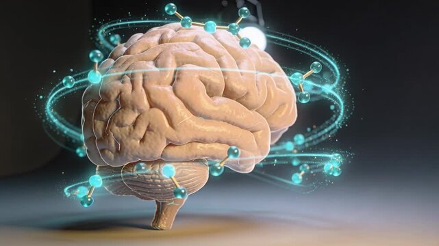 Shifting camera revealing 3D brain rotating in studio with teal orbital rings and spheres for study