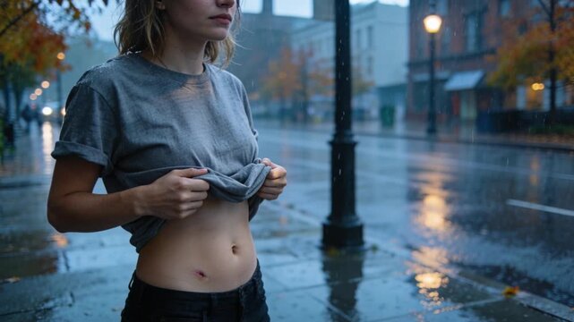 Lifting woman holding gray T-shirt higher, standing by lamp on wet street at dusk showing midriff