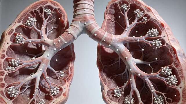 Pulling back trachea, paired lungs and bronchi in studio, showing white spheres on airways and sacs
