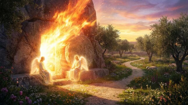 Two glowing angels sitting by the open tomb of Jesus Christ. Resurrection scene at dawn with fire and light. Biblical narrative of Easter day in a garden landscape with trees and flower.