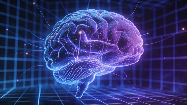 Camera shifting holographic brain rotating and pulsing in neon grid chamber with filaments sparking
