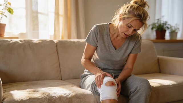 Noticing dressing, woman in grey sweats leaning adjusting white bandage to tend knee in living room