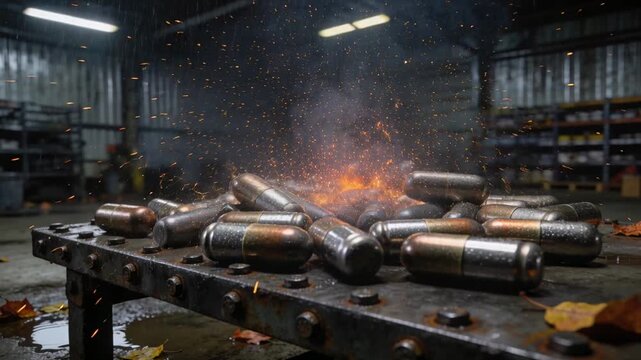 Igniting metal canister pile sending sparks, bursting and shifting on steel workbench after flame