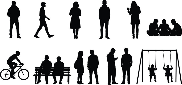 People silhouette collection, walking figures, standing poses, cycling, swing set, social interaction, everyday lifestyle, casual activities, black and white illustration