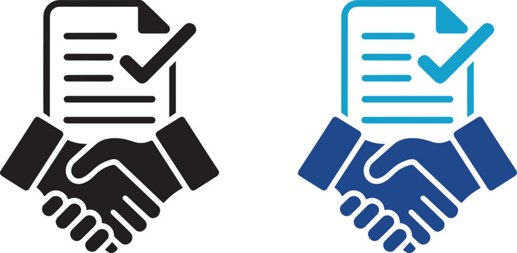 Two hands shaking with documents representing agreement and approval Vector