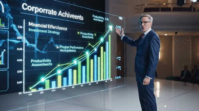 A businessman presents a business growth and success graph illustrating financial efficiency and investment strategy aligned with developmental goals and industry opportunities.