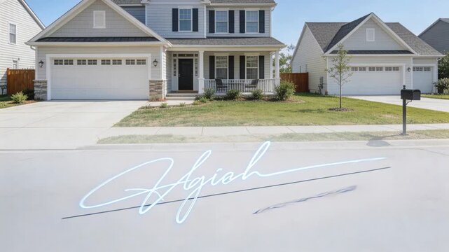 Projecting neon cursive signature and APPROVED stamp onto suburban road by centered 2-story house
