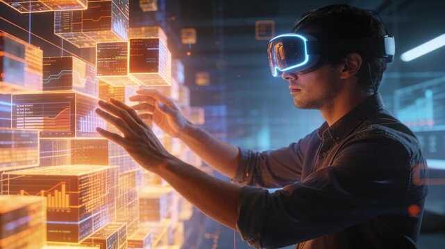 Extending hands, shirted man nudging holo cubes to adjust charts in lab, cyan-rim visor, copy space