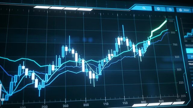 Breaking out, price chart on monitor showing rising candles and trend lines, projecting green arrow