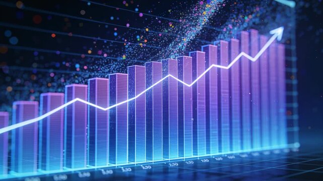 Playback starting, 3D bar chart tracing neon line across grid, particle trail dense, showing growth