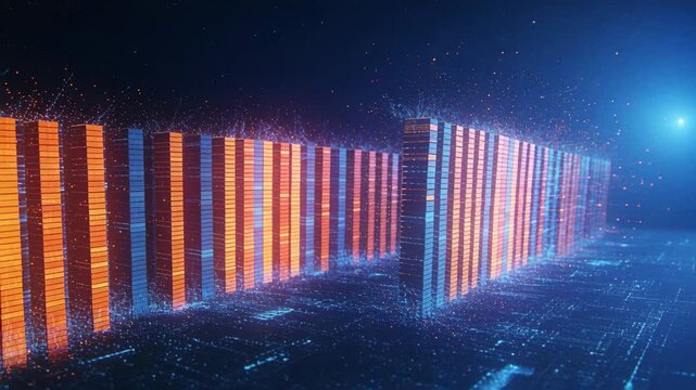 Pulling back camera revealing tall orange-blue stacked columns in virtual grid, showing data flow