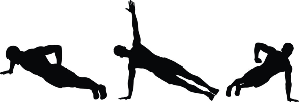 Side plank exercise silhouette illustration, fitness workout artwork, core strengthening design concept, black and white vector template collection set