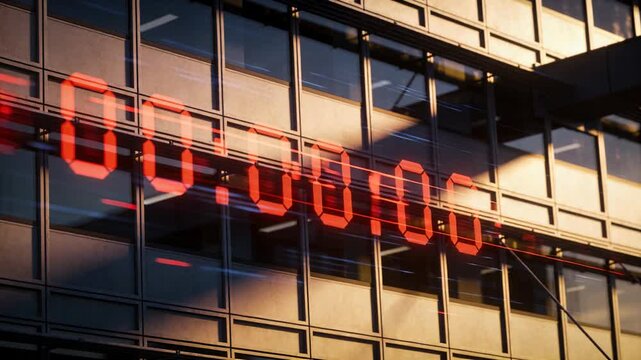 Moving red 7-segment numeric display sliding across office facade as sunlight moves, showing lights