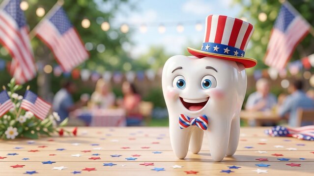 Animated smiling tooth character in patriotic top hat and bow tie. Cartoon dental mascot celebrating at Fourth of July picnic with American flags and confetti. Independence Day dental health