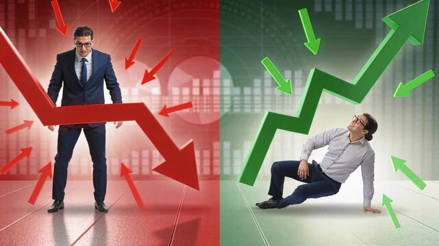 Red arrow falling pushing suited man back while green arrow rising lifting casual man up, contrast