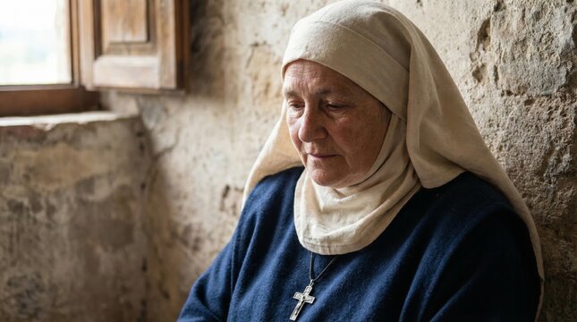 Elderly woman nun in traditional habit sitting alone in stone room. Religious sister wearing cross pendant praying with humble expression. Spiritual faith and devotion in Christianity.