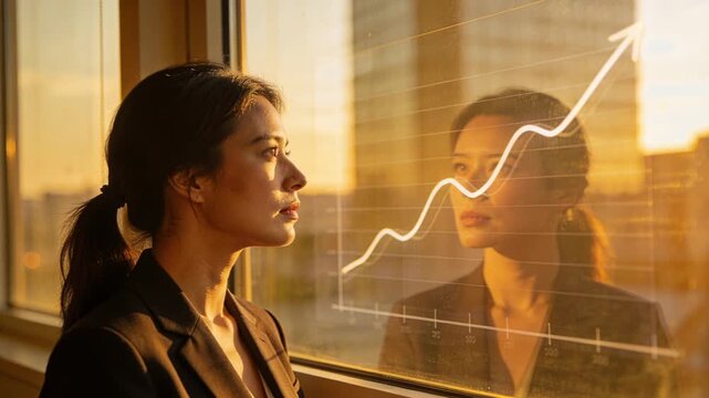 Standing woman in blazer studying reflected chart by window, sunset light urging focus, copy space
