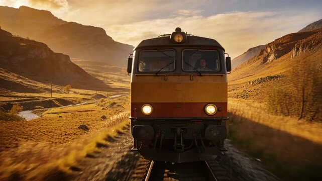 Train rounding curve, headlights cutting golden valley, crew operating controls, moving passengers
