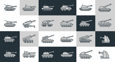 Pixel Art Military Tanks and Artillery Collection - Vector Icons © difka
