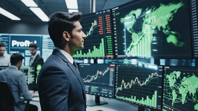 A businessman analyzes profitable growth graph and financial chart data in a corporate trading concept.