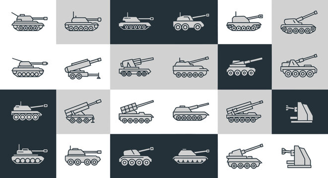 Pixel Art Military Tanks and Artillery Collection - Vector Icons