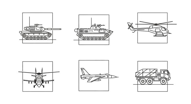 Set of Military Vehicles and Aircraft Line Art Icons