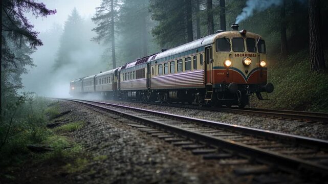 Rolling vintage loco moving on curved track in conifer forest after headlight emerging from fog