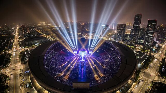 Electric concert scene. Nighttime event showcasing lively city and bright beams