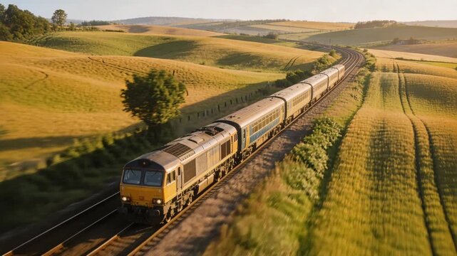 Approaching yellow-front diesel train pulling coaches on curving double-track through golden fields