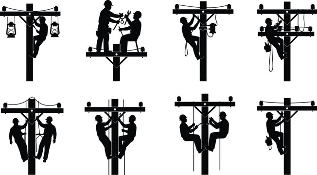 Silhouette Vector Illustration of Electric Linemen Working on Utility Poles Maintenance and Repair for Energy Infrastructure and Power Industry Services